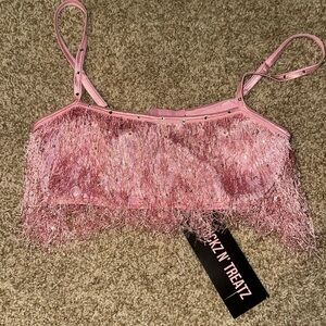 🦇 NWT Dolls Kill Trickz N Treatz Pink Fringe bra top L